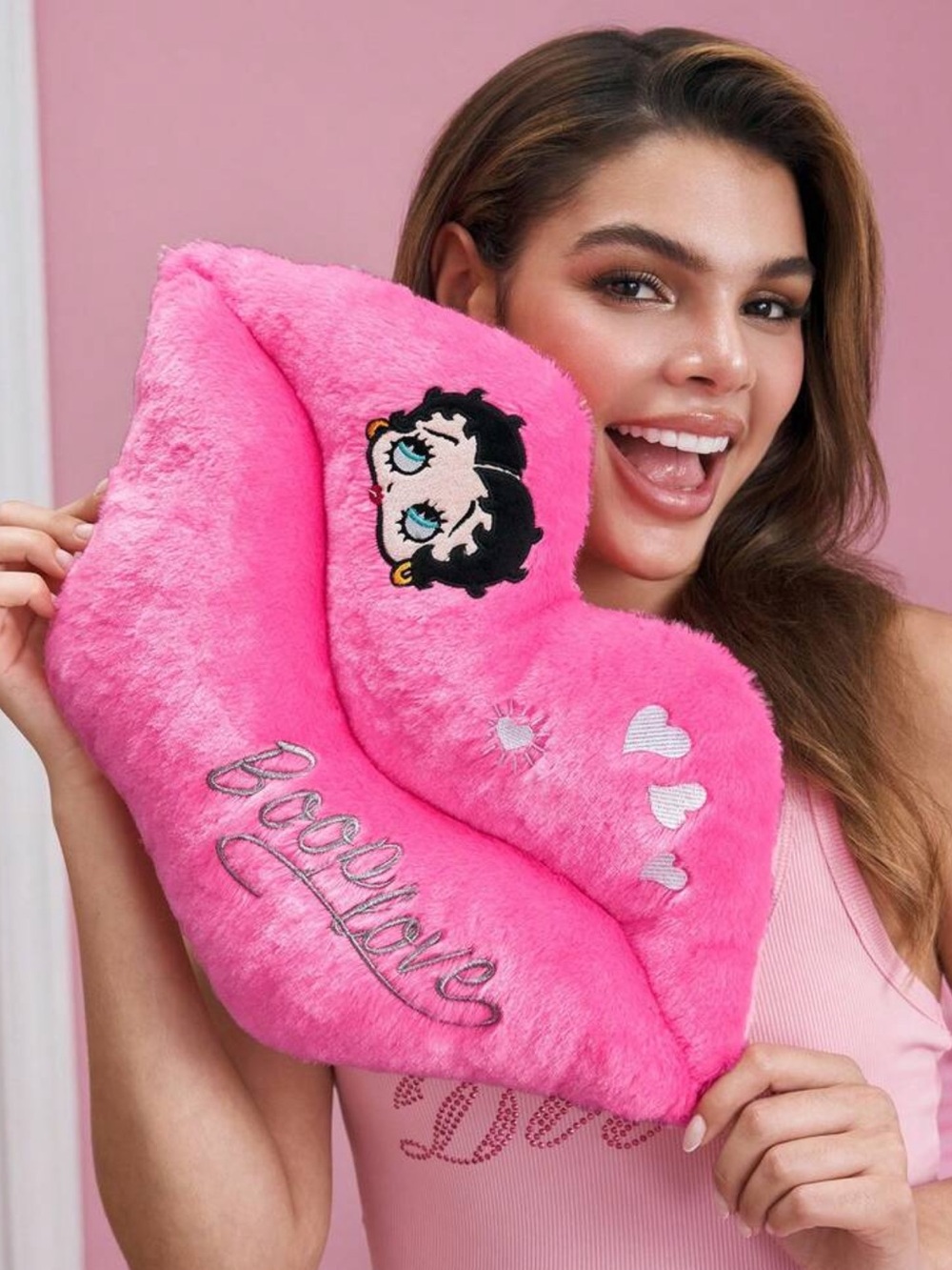 Betty Boop 1pc Lip Shape Decorative Pillow, Heart Embroidery, Soft Plush